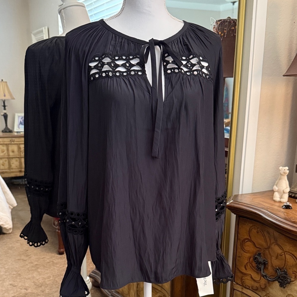 Ramy Brook Elegant Black Blouse With Eyelet Details